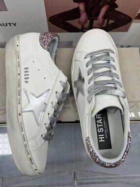 Golden Goose White Sneakers with Silver Glitter Heel